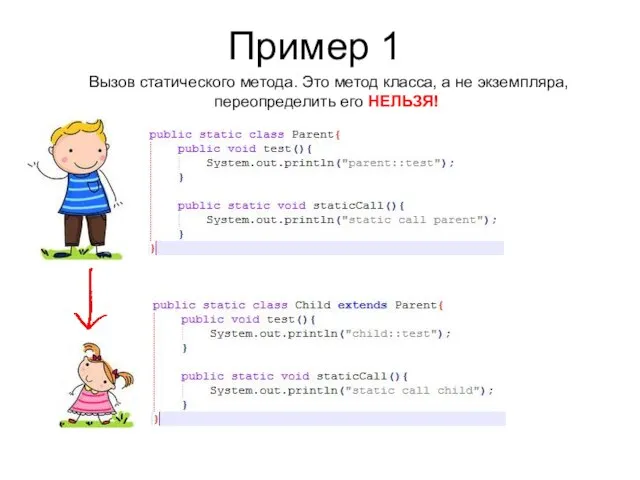 Пример 1 Вызов статического метода. Это метод класса, а не экземпляра, переопределить его НЕЛЬЗЯ!