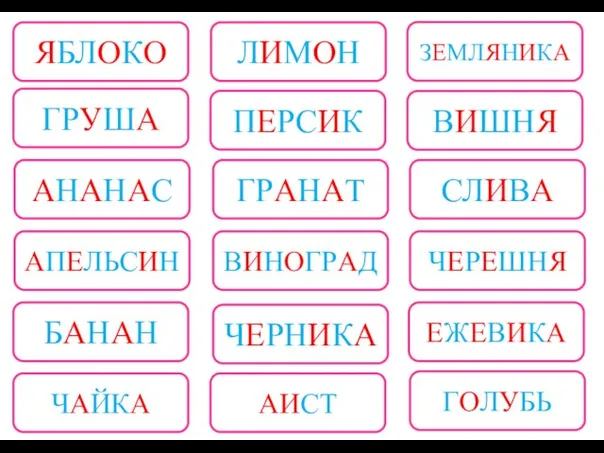 ЯБЛОКО ГРУША АНАНАС ЛИМОН БАНАН АПЕЛЬСИН ПЕРСИК ГРАНАТ ВИШНЯ ВИНОГРАД ЧЕРНИКА ЗЕМЛЯНИКА