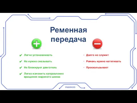 Ременная передача Легче устанавливать Не нужно смазывать Не блокирует двигатель Легко изменить