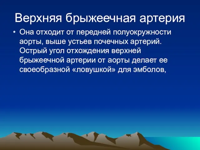 Верхняя брыжеечная артерия Она отходит от передней полуокружности аорты, выше устьев почечных