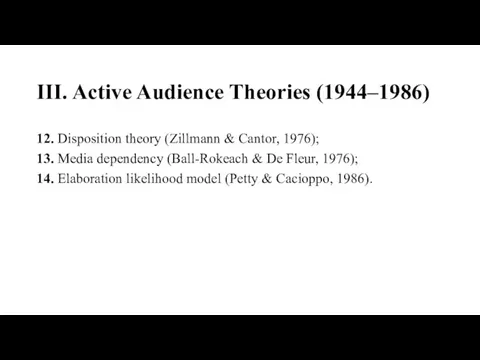 III. Active Audience Theories (1944–1986) 12. Disposition theory (Zillmann & Cantor, 1976);