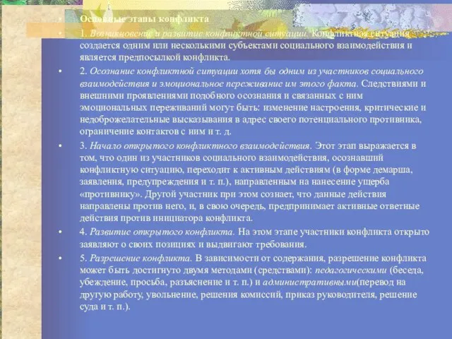 Основные этапы конфликта 1. Возникновение и развитие конфликтной ситуации. Конфликтная ситуация создается