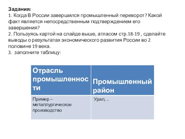 Задания: 1. Когда В России завершился промышленный переворот? Какой факт является непосредственным