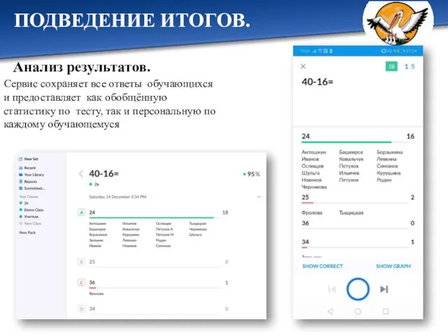 ПОДВЕДЕНИЕ ИТОГОВ. Анализ результатов. Сервис сохраняет все ответы обучающихся и предоставляет как