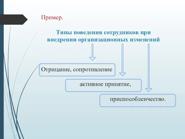 Пример. Типы поведения сотрудников при внедрении организационных изменений Отрицание, сопротивление активное принятие, приспособленчество.