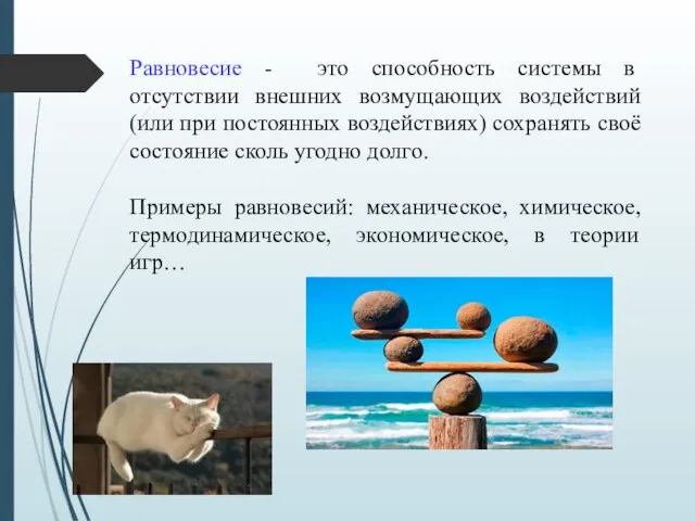 Равновесие - это способность системы в отсутствии внешних возмущающих воздействий (или при