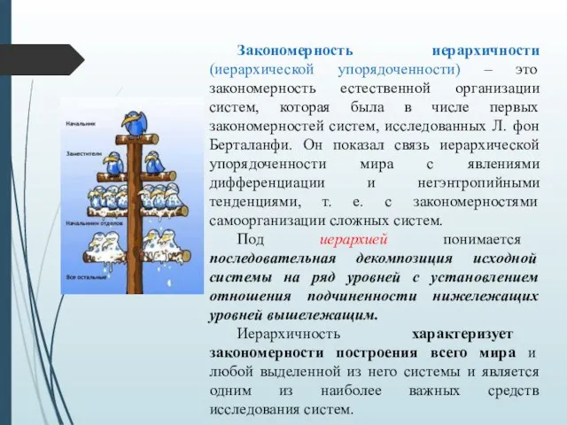 Закономерность иерархичности (иерархической упорядоченности) – это закономерность естественной организации систем, которая была