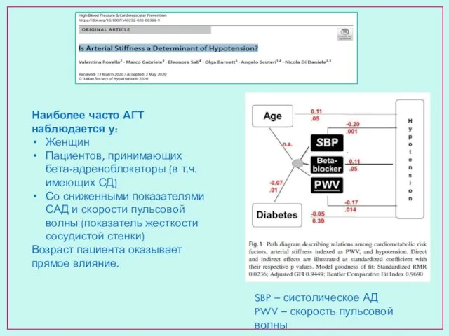 SBP – систолическое АД PWV – скорость пульсовой волны Наиболее часто АГТ