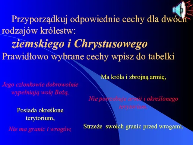 Przyporządkuj odpowiednie cechy dla dwóch rodzajów królestw: ziemskiego i Chrystusowego Prawidłowo wybrane