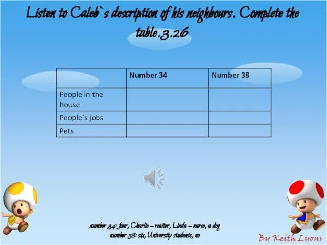 Listen to Caleb`s description of his neighbours. Complete the table.3.26 number 34: