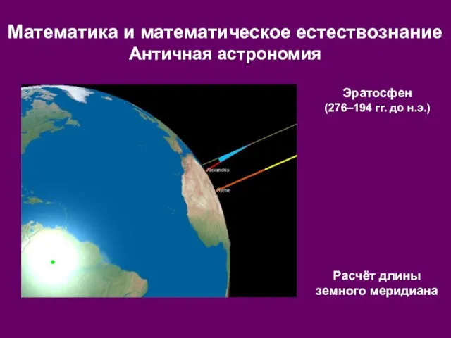 Эратосфен (276–194 гг. до н.э.) Расчёт длины земного меридиана Математика и математическое естествознание Античная астрономия