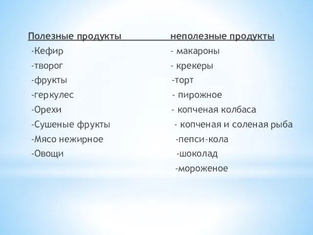 Полезные продукты неполезные продукты -Кефир - макароны -творог - крекеры -фрукты -торт