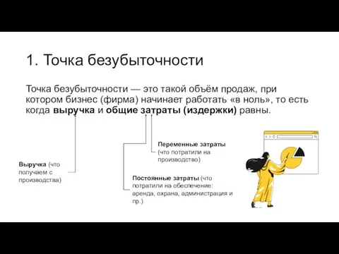 1. Точка безубыточности Точка безубыточности — это такой объём продаж, при котором