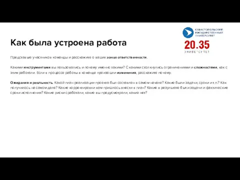 Как была устроена работа Представьте участников команды и расскажите о ваших зонах