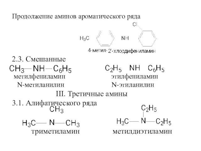 Продолжение аминов ароматического ряда 2.3. Смешанные метилфениламин этилфениламин N-метиланилин N-этиланилин III. Третичные