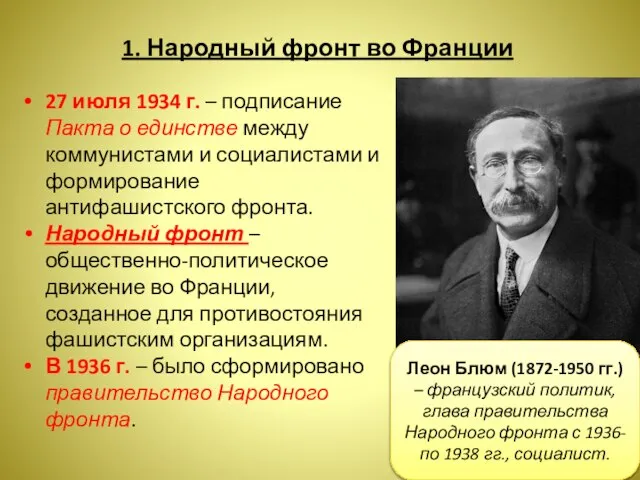 1. Народный фронт во Франции 27 июля 1934 г. – подписание Пакта