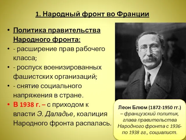 1. Народный фронт во Франции Политика правительства Народного фронта: - расширение прав