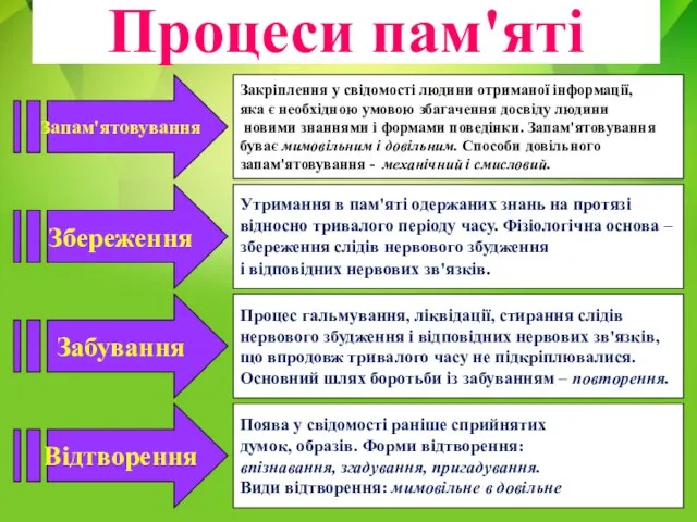 Процеси пам'яті Запам'ятовування Збереження Забування Відтворення Закріплення у свідомості людини отриманої інформації,