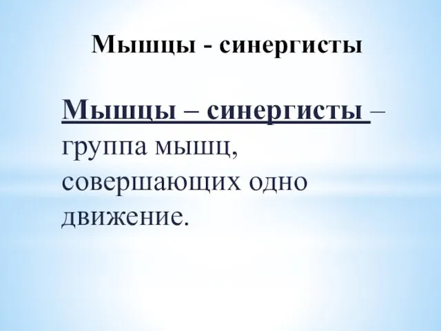 Мышцы - синергисты Мышцы – синергисты – группа мышц, совершающих одно движение.