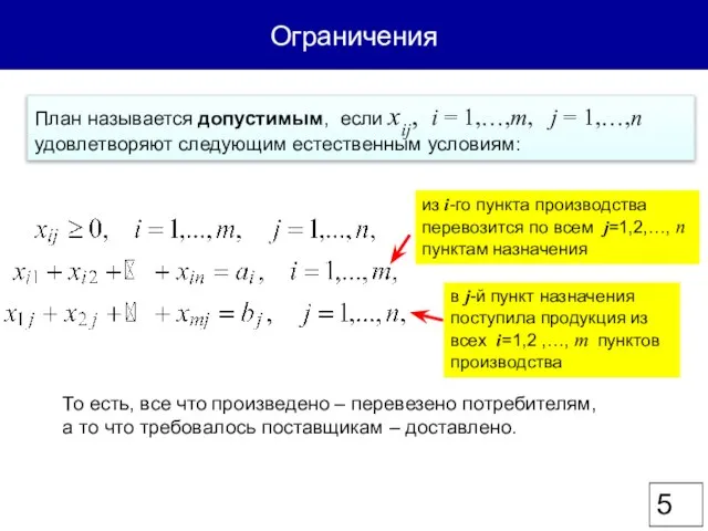 Ограничения План называется допустимым, если хij, i = 1,…,т, j = 1,…,п