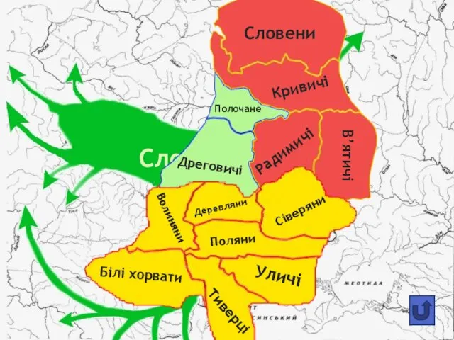 Слов’яни Поляни Деревляни Сiверяни Тиверцi Уличi Волиняни Бiлi хорвати Полочане Радимичi Дреговичi Словени Кривичi В’ятичi