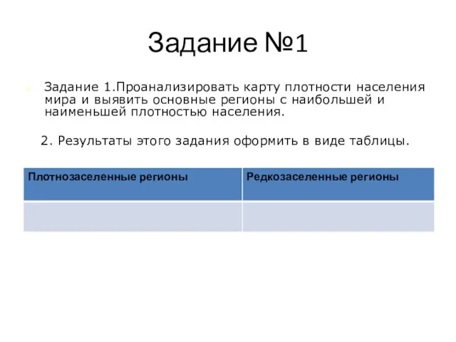 Задание №1 Задание 1.Проанализировать карту плотности населения мира и выявить основные регионы