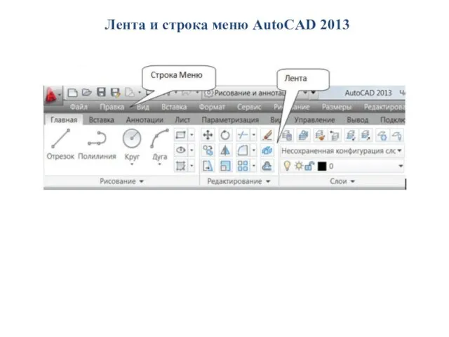 Лента и строка меню AutoCAD 2013