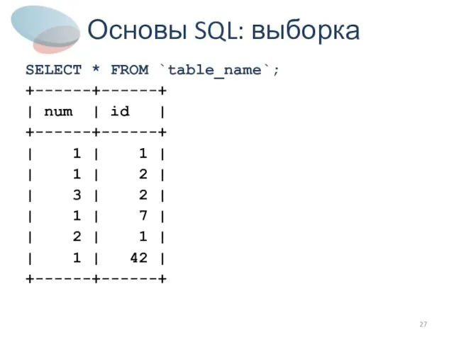Основы SQL: выборка SELECT * FROM `table_name`; +------+------+ | num | id