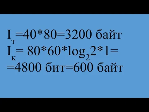 Iт=40*80=3200 байт Iк= 80*60*log22*1= =4800 бит=600 байт