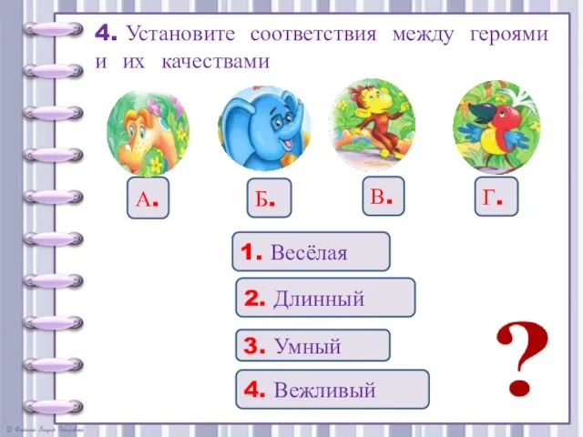 4. Установите соответствия между героями и их качествами Г. Б. А. В.