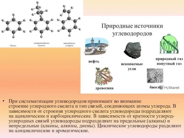 При систематизации углеводородов принимают во внимание строение углеродного скелета и тип связей,