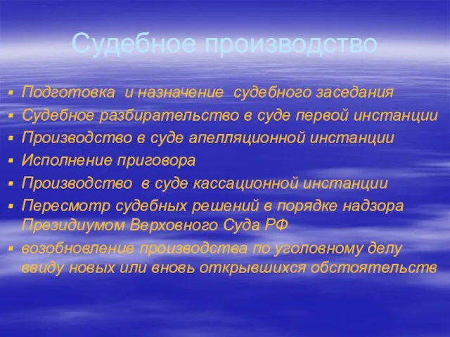 Судебное производство Под­готовка и назначение судебного заседания Судебное разбирательство в суде первой