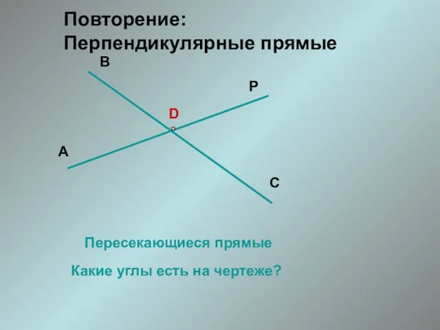 D Пересекающиеся прямые Какие углы есть на чертеже? Повторение: Перпендикулярные прямые А В С Р