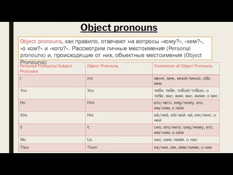 Object pronouns Object pronouns, как правило, отвечают на вопросы «кому?», «кем?», «о