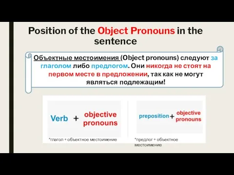 Position of the Object Pronouns in the sentence Объектные местоимения (Object pronouns)