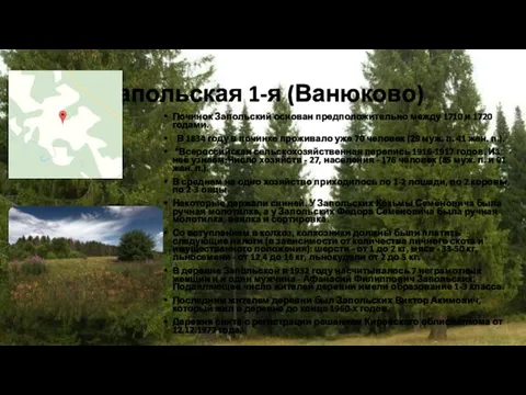 Запольская 1-я (Ванюково) Починок Запольский основан предположительно между 1710 и 1720 годами.