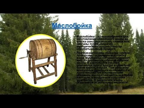 Маслобойка Маслобо́йка— приспособление для изготовления сливочного масла из слегка скисшего молока, сливок