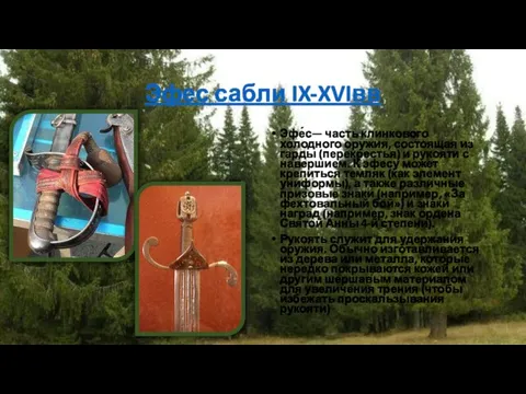Эфес сабли IX-XVIвв Эфе́с— часть клинкового холодного оружия, состоящая из гарды (перекрестья)