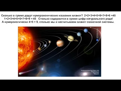 Сколько в сумме дадут нумерологические названия планет? 2+2+3+4+5+8+7+8+6 =45 1+2+3+4+5+6+7+8+9 = 45