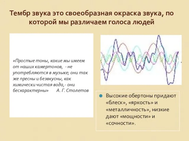 Тембр звука это своеобразная окраска звука, по которой мы различаем голоса людей