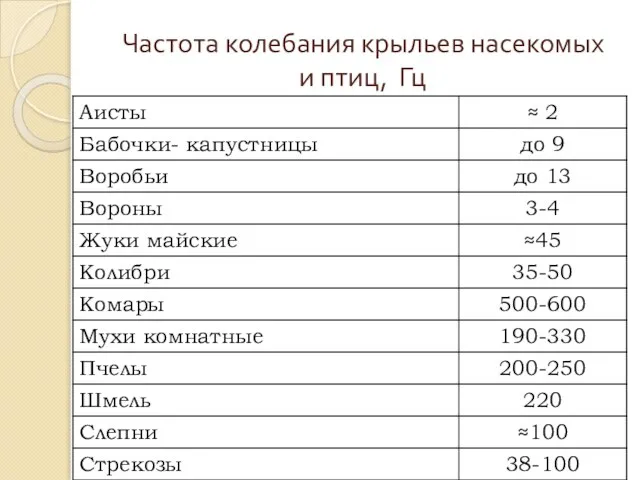 Частота колебания крыльев насекомых и птиц, Гц