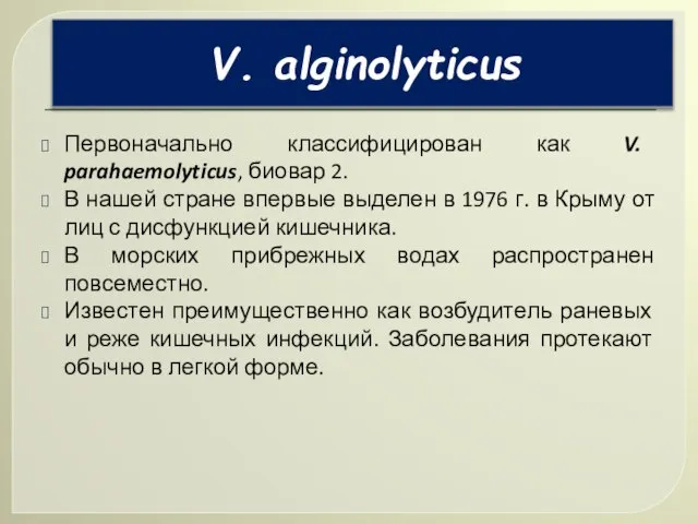 Первоначально классифицирован как V. parahaemolyticus, биовар 2. В нашей стране впервые выделен