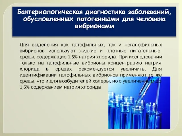 Бактериологическая диагностика заболеваний, обусловленных патогенными для человека вибрионами Для выделения как галофильных,