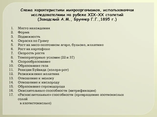 Схема характеристики микроорганизмов, использованная исследователями на рубеже XIX-XX столетий (Завадский А.М., Бруннер