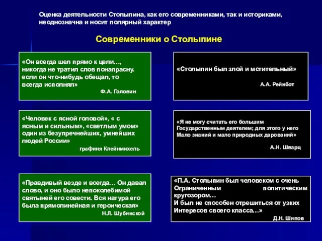 Оценка деятельности Столыпина, как его современниками, так и историками, неоднозначна и носит