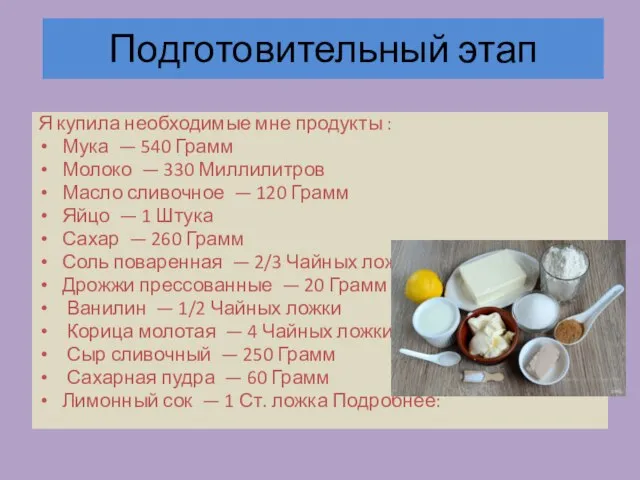 Подготовительный этап Я купила необходимые мне продукты : Мука — 540 Грамм