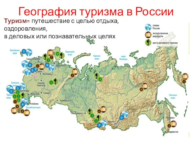 География туризма в России Туризм= путешествие с целью отдыха, оздоровления, в деловых или познавательных целях