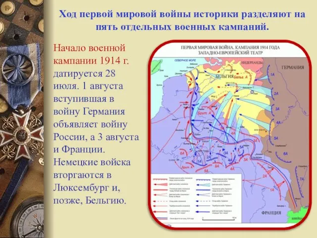 Ход первой мировой войны историки разделяют на пять отдельных военных кампаний. Начало