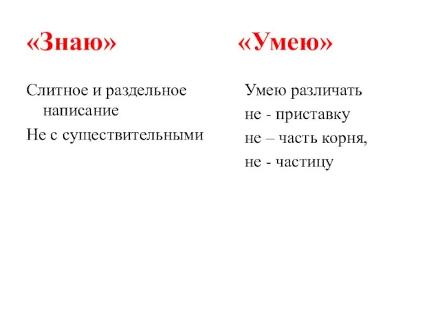 «Знаю» «Умею» Слитное и раздельное написание Не с существительными Умею различать не