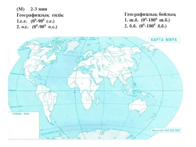 (М) 2-3 мин Географиялық ендік 1.с.е. (00-900 с.е.) 2. о.е. (00-900 о.е.)